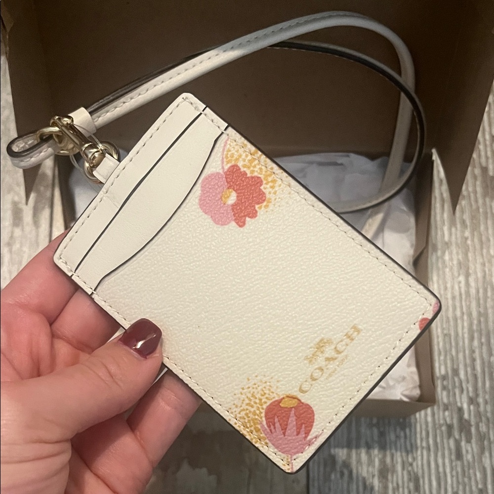 Coach White Floral Card Holder with Strap